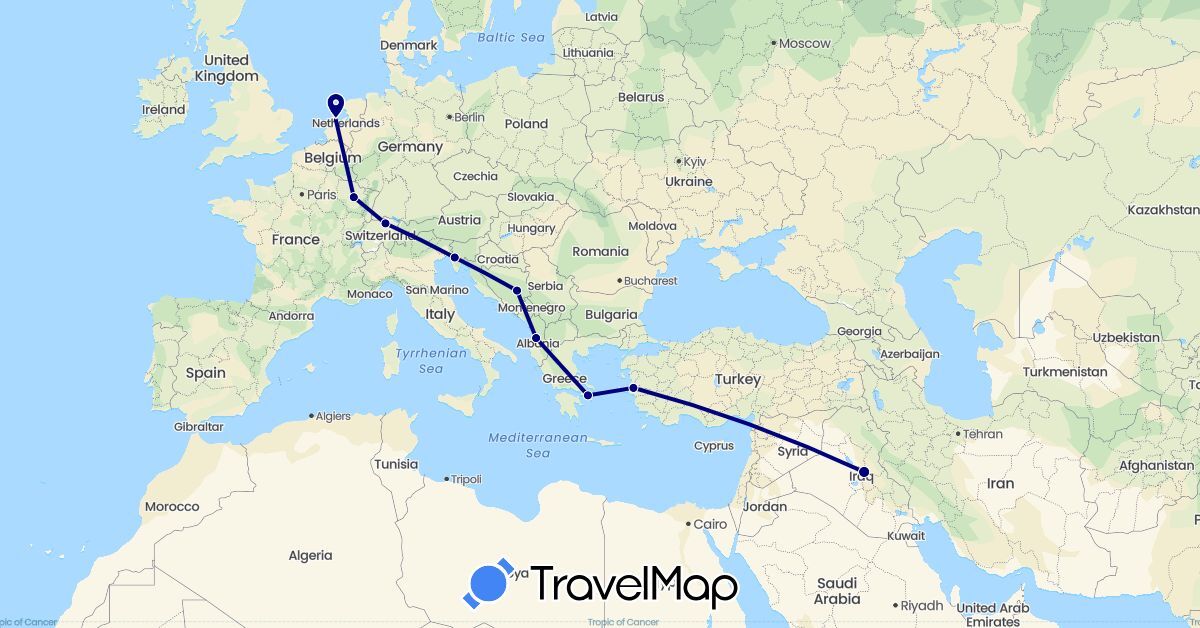TravelMap itinerary: driving in Albania, Bosnia and Herzegovina, Switzerland, France, Greece, Iraq, Italy, Netherlands, Turkey (Asia, Europe)